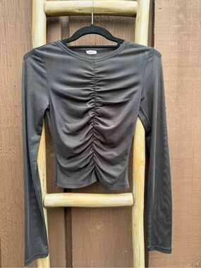 Y2K Garage Black Ruched Front Mesh Long-Sleeve Crop Top XS